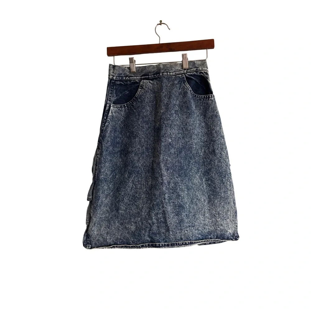 Vintage 80s‎ Acid Wash Denim Tiered Ruffle Skirt High Waisted Made in USA